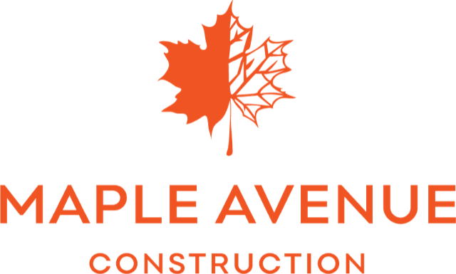 A red maple leaf on top of the word " maple aven construction ".