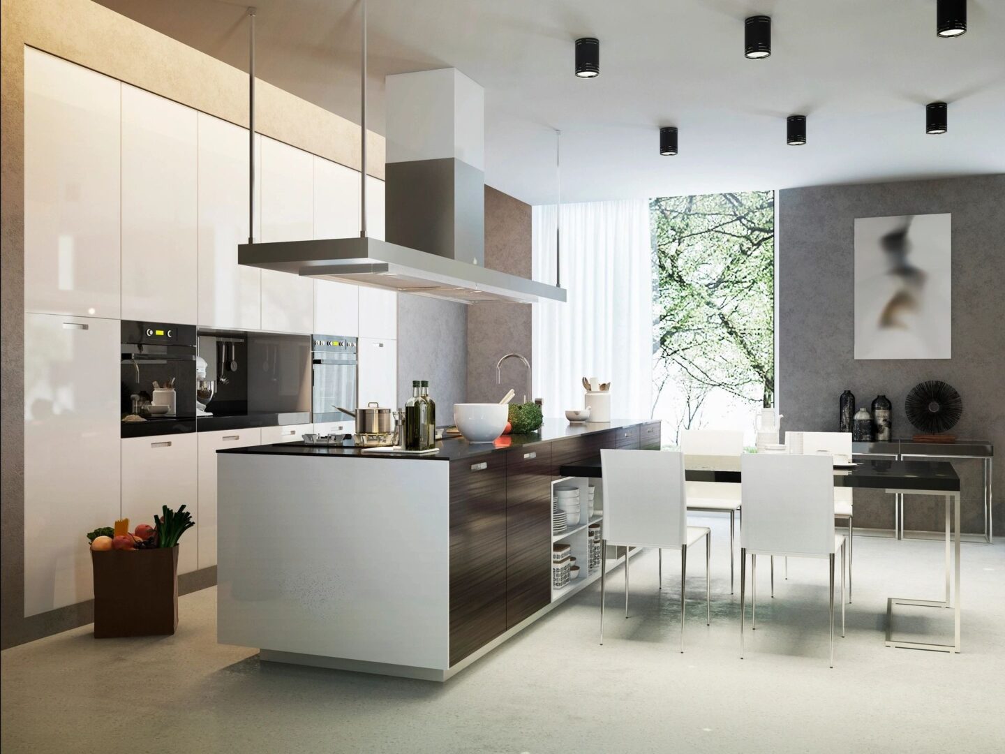 A kitchen with white walls and black accents.